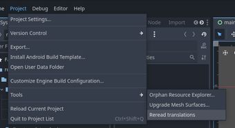 Godot editor Tool menu showing a selected Reread translations menu item