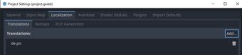 Translations dialog in Godot showing an added PO file containing a german translation.