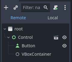 A screenshot of the remote debugger showing 3 nodes, a Control node, a button and an InstancePlaceholder node