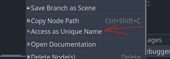 Godot 4 node context menu with a red arrow pointing to the Access As Unique Name item.