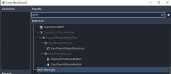 Create Resource dialog in Godot showing the new resource type Item as selected