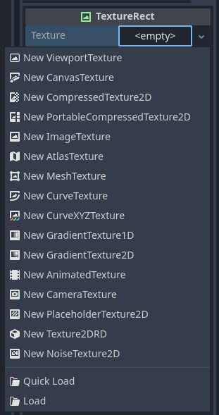 Dropdown dialog for TextureRect's texture field, showing the various Resources it accepts