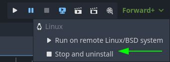 Screenshot of Godot's remote deploy drop down showing a green arrow pointing to a button to Stop and Uninstall.