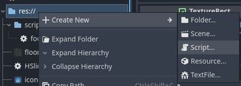 Context menu path for creating a new script file in Godot.