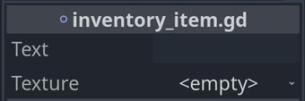 inventory_item.gd showing two exported properties - Text and Texture