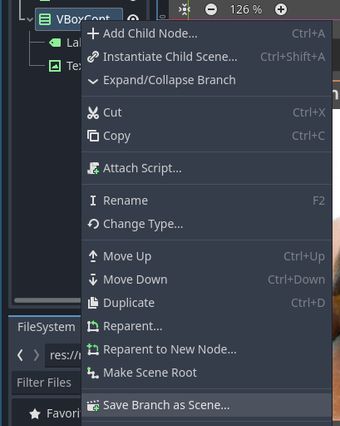 A screenshot of the context-menu of a Node with the Save Branch as Scene option highlighted.