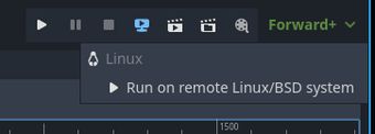 Screenshot of Godot's remote deploy drop down showing a button to Run on remote Linux/BSD system.