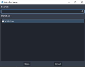 Godot's Quick Run Scene dialog.