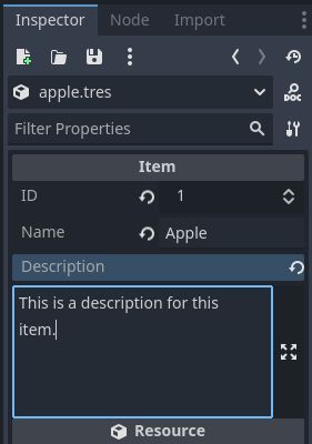 Godot Node inspector for the custom Item resource