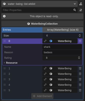 Godot's inspector showing a WaterBeing collection with eight WaterBeing entries with the first one being expanded, and it says name -> shark, reason -> badass, rating -> 8