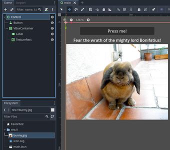 A screenshot of a simple godot 4 project with a control node hierarchy of a button, and a vboxcontainer with a label and a texturerect.