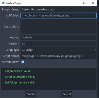 Godot's plugin creation screen