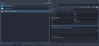 Screenshot of Godot's export window, displaying a filled out SSH remote deployment section.